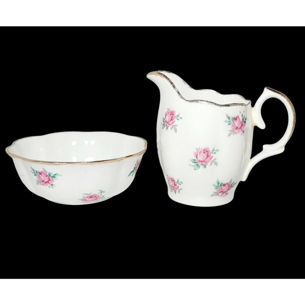 Vintage Jason Creamer and Open Sugar Bowl Pink Bud Roses Gold Trim‎ England